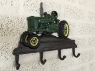 Farmhouse design coat rack with agricultural tractor, John Deere